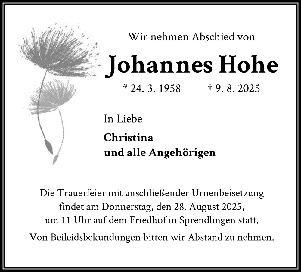  Traueranzeige für Johannes Hohe vom 23.08.2025 aus OF0W