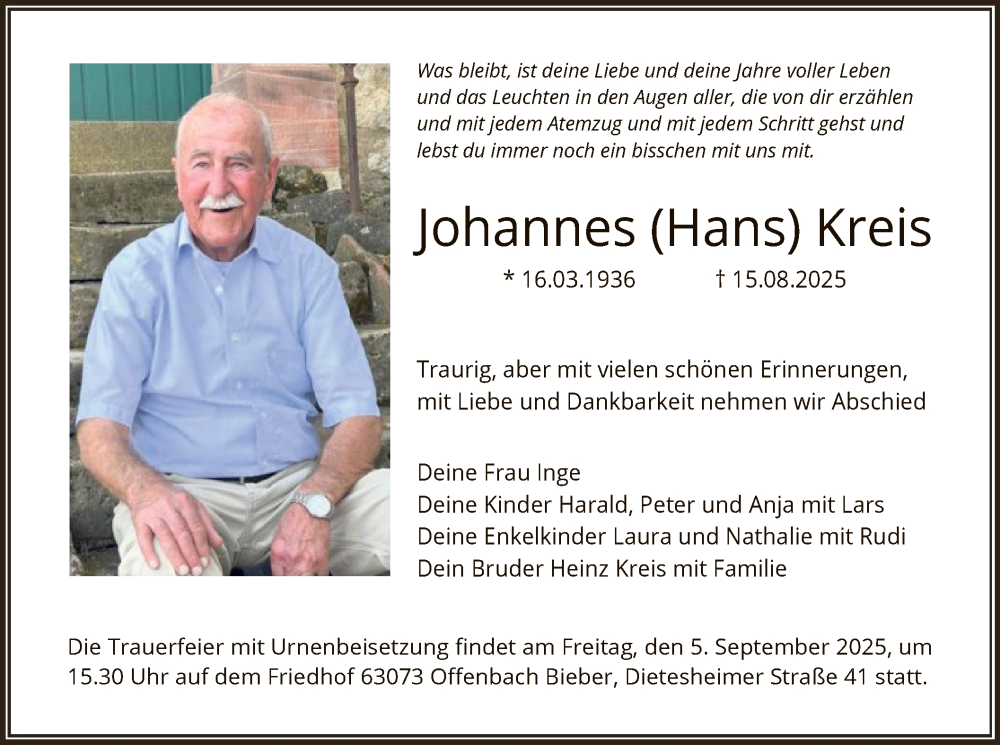  Traueranzeige für Johannes Hans Kreis vom 30.08.2025 aus OFOP
