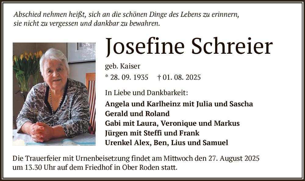  Traueranzeige für Josefine Schreier vom 23.08.2025 aus OFOP