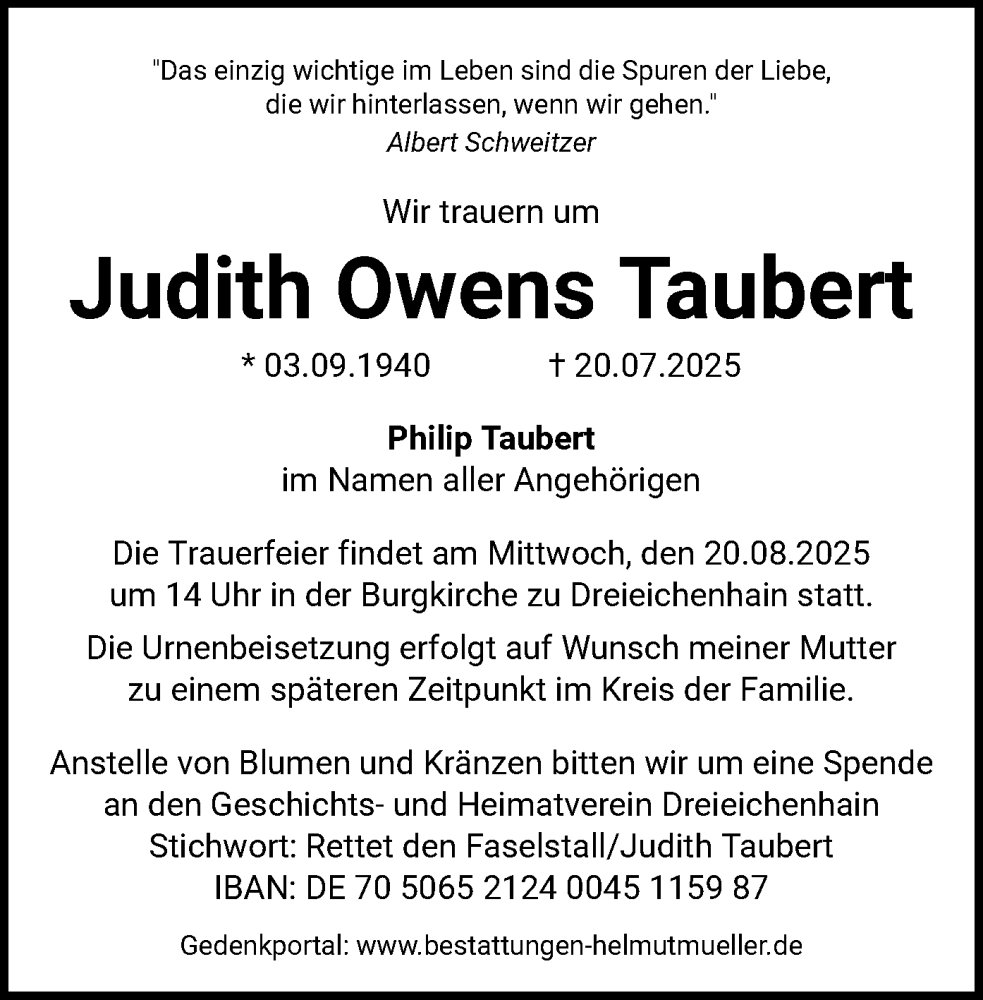  Traueranzeige für Judith Owens Taubert vom 09.08.2025 aus OFOP