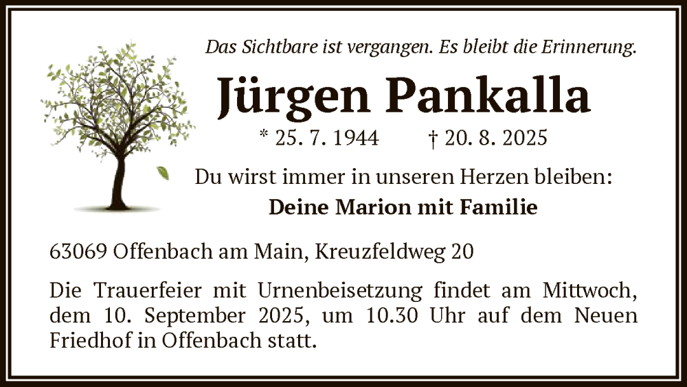  Traueranzeige für Jürgen Pankalla vom 30.08.2025 aus OFOP