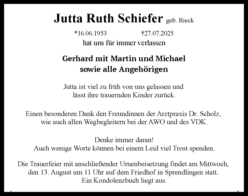  Traueranzeige für Jutta Ruth Schiefer vom 09.08.2025 aus OF0W