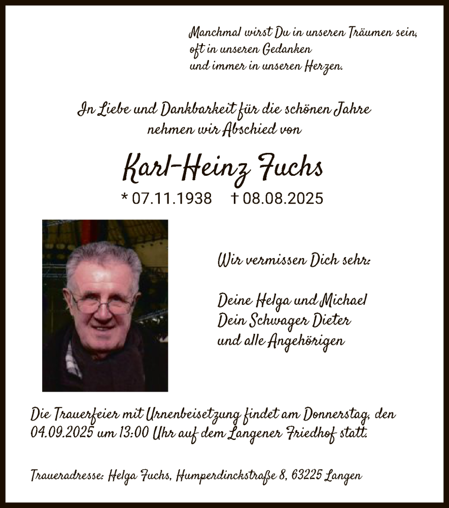  Traueranzeige für Karl-Heinz Fuchs vom 30.08.2025 aus OF0W