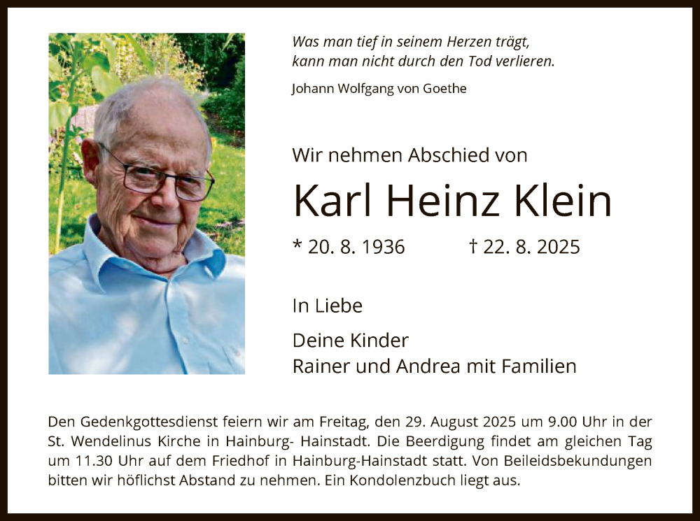  Traueranzeige für Karl Heinz Klein vom 27.08.2025 aus OFOP