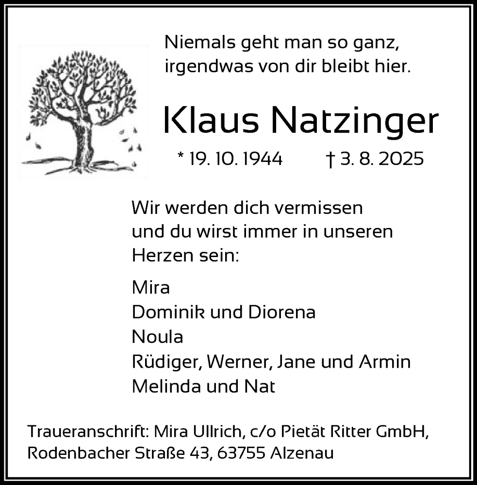  Traueranzeige für Klaus Natzinger vom 16.08.2025 aus OFOP