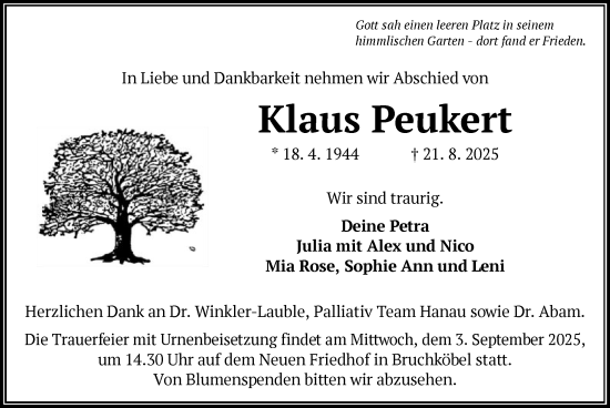 Traueranzeige von Klaus Peukert von OFHA