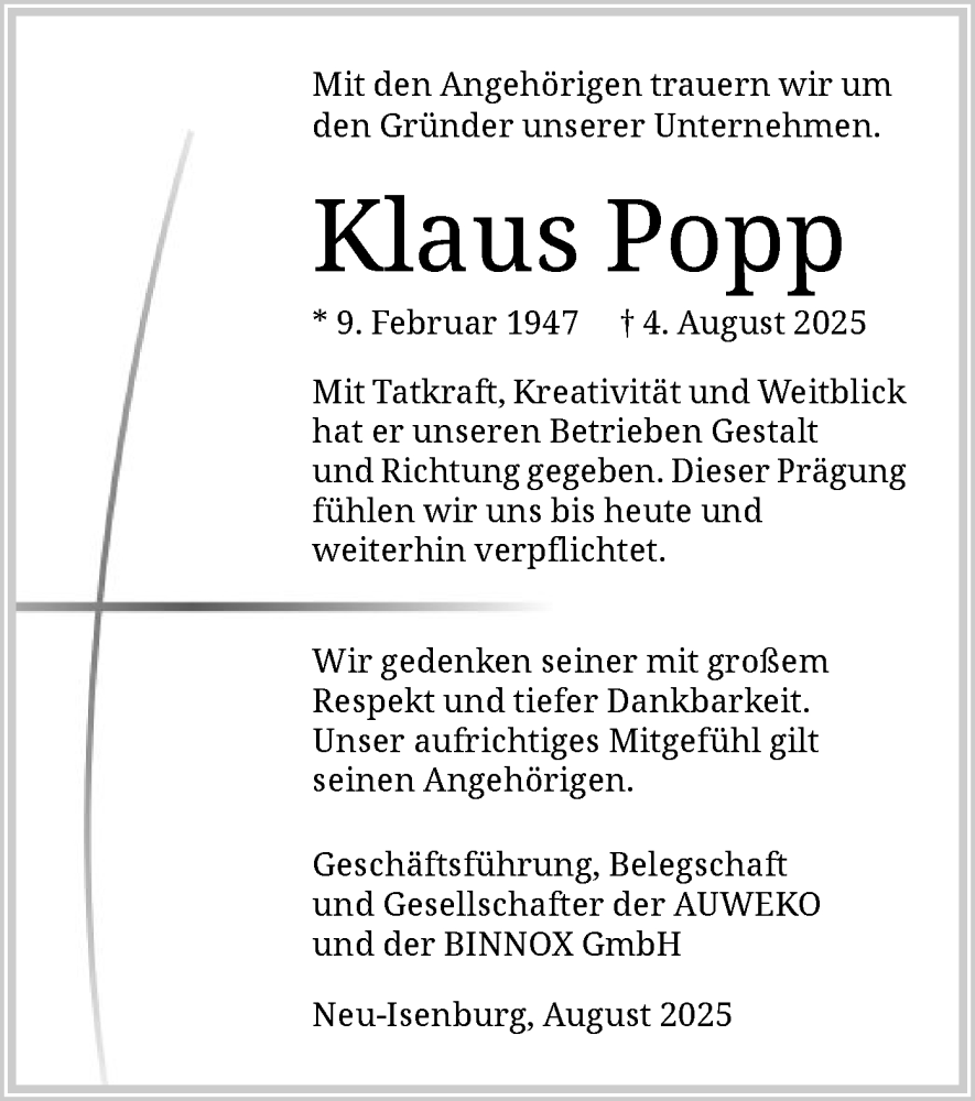 Traueranzeige für Klaus Popp vom 09.08.2025 aus OFOP