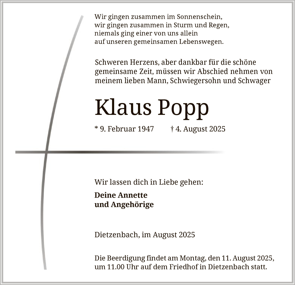  Traueranzeige für Klaus Popp vom 09.08.2025 aus OFOP
