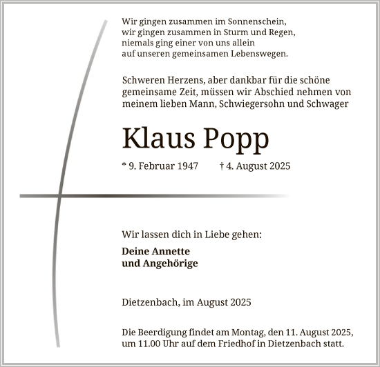 Traueranzeige von Klaus Popp von OFOP