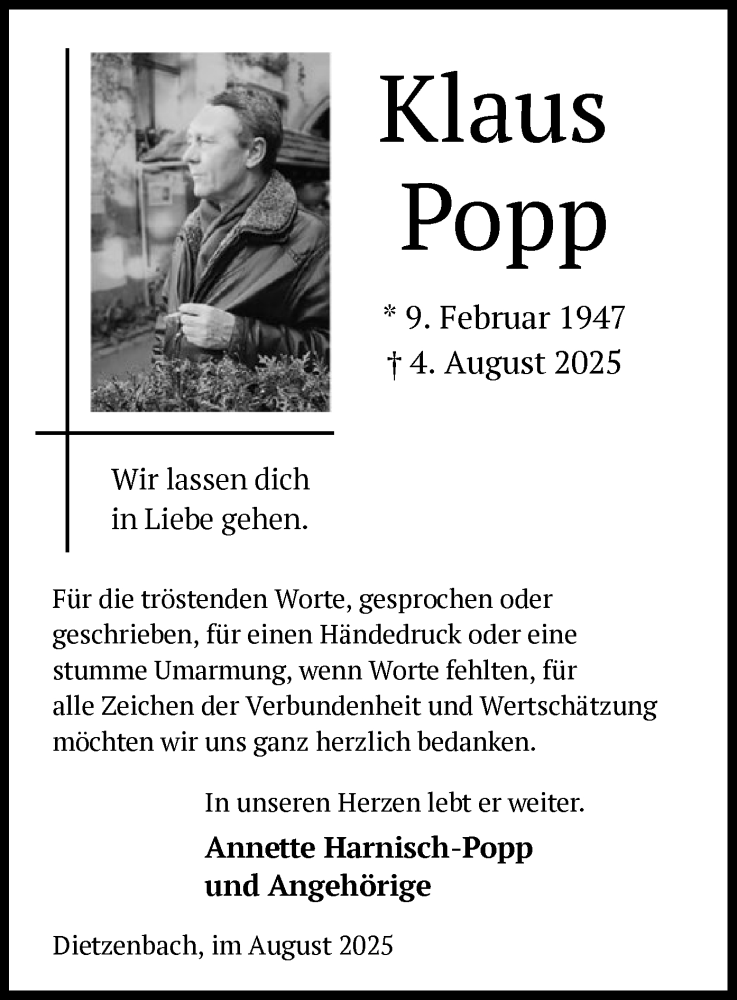  Traueranzeige für Klaus Popp vom 16.08.2025 aus OFOP