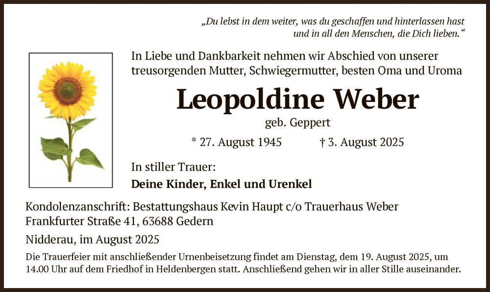  Traueranzeige für Leopoldine Weber vom 16.08.2025 aus OFHA