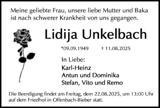 Traueranzeige von Lidija Unkelbach von OFOP