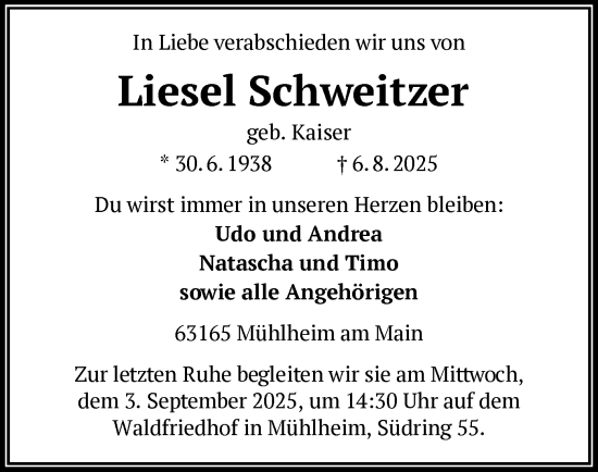 Traueranzeige von Liesel Schweitzer von OFOP