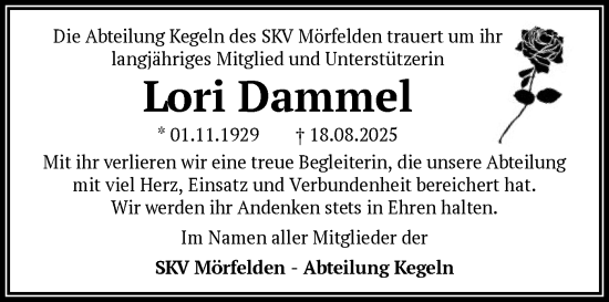Traueranzeige von Lori Dammel von OFMF