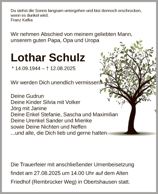 Traueranzeige von Lothar Schulz von OF0T