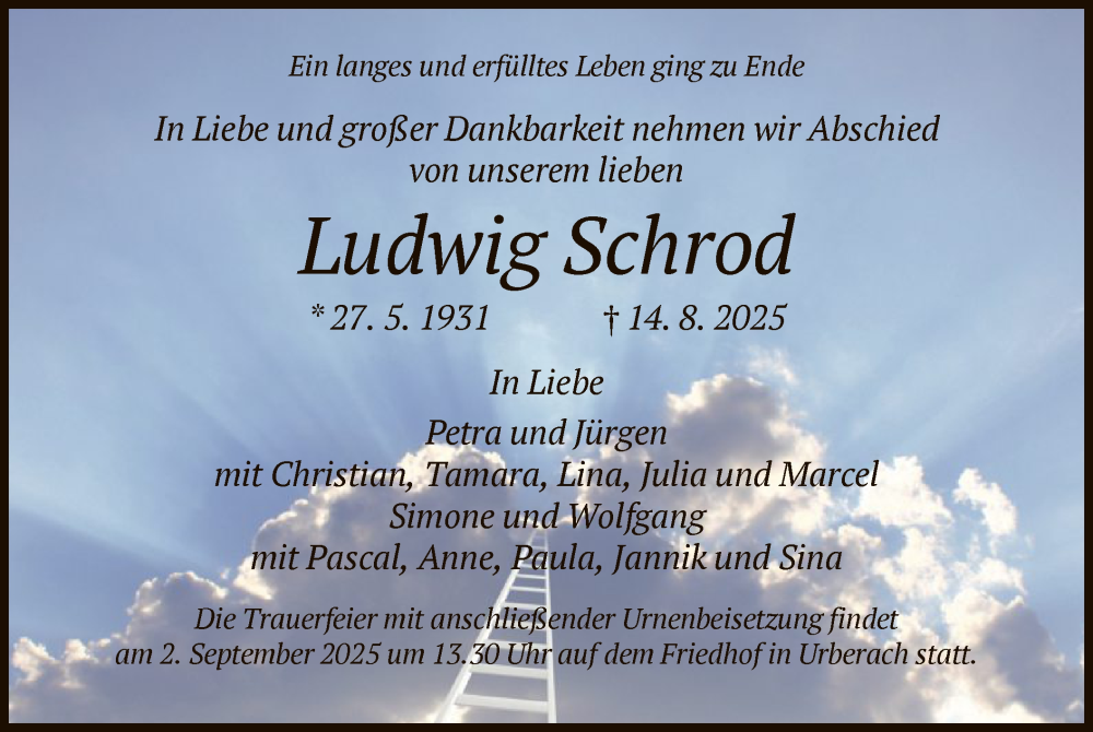  Traueranzeige für Ludwig Schrod vom 23.08.2025 aus OF0L
