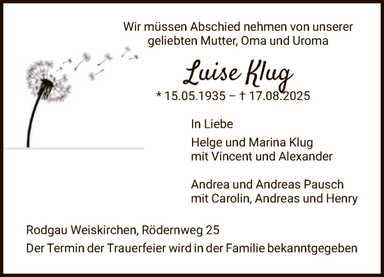 Traueranzeige von Luise Klug von OFOP