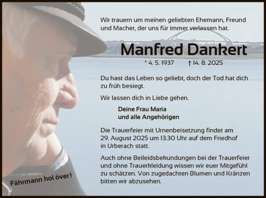 Traueranzeige von Manfred Dankert von OFOP