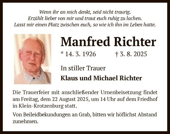 Traueranzeige von Manfred Richter von OF0L