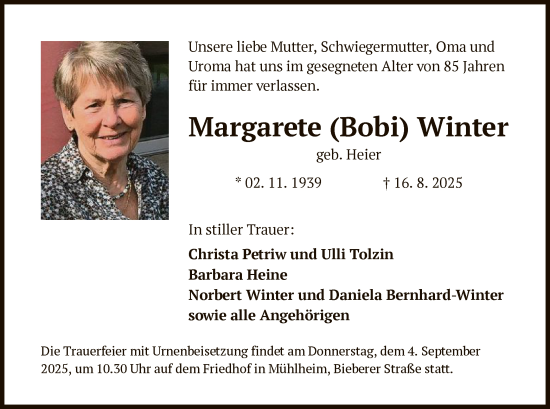 Traueranzeige von Margarete Winter von OFOP