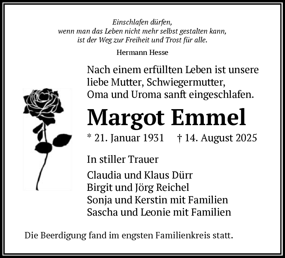  Traueranzeige für Margot Emmel vom 23.08.2025 aus BOWO