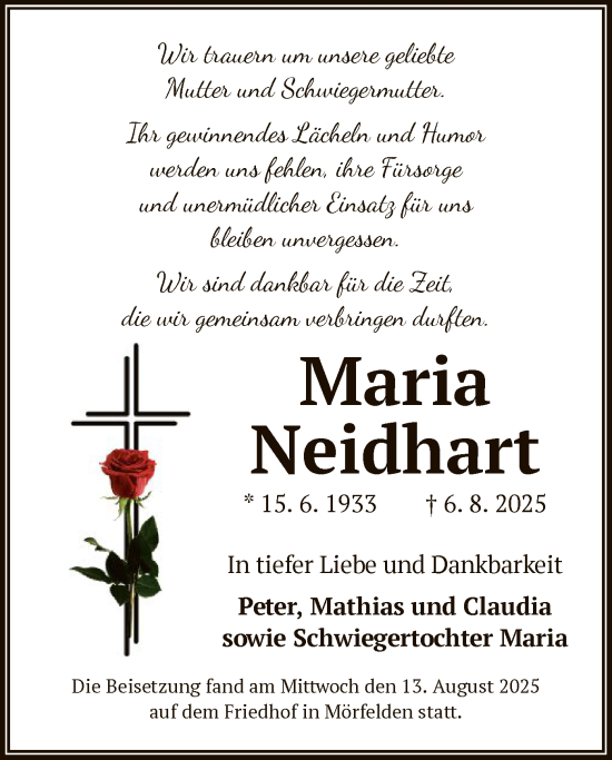 Traueranzeige von Maria Neidhart von OFMF