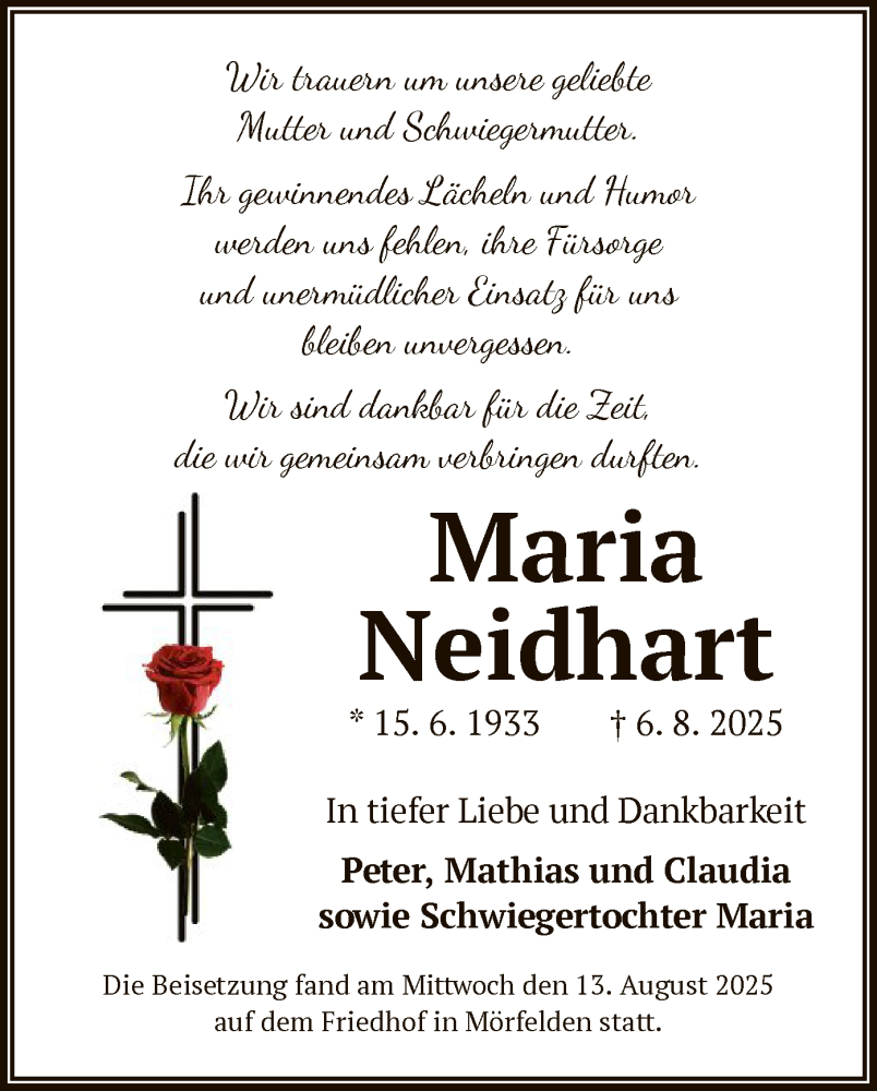 Traueranzeige für Maria Neidhart vom 15.08.2025 aus OFMF