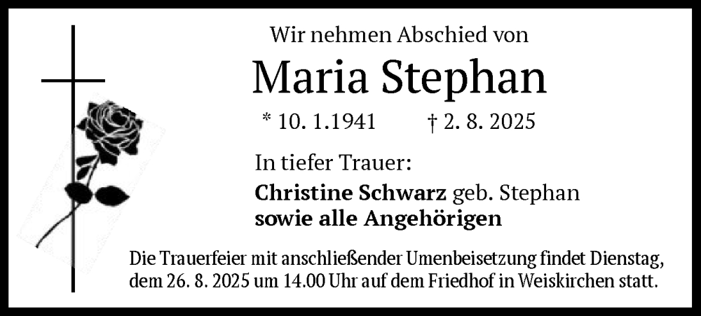  Traueranzeige für Maria Stephan vom 23.08.2025 aus OF0L