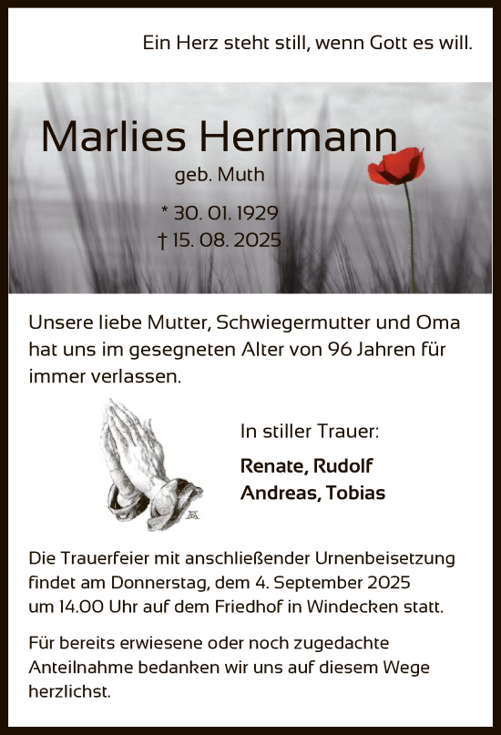 Traueranzeige von Marlies Herrmann von OFHA