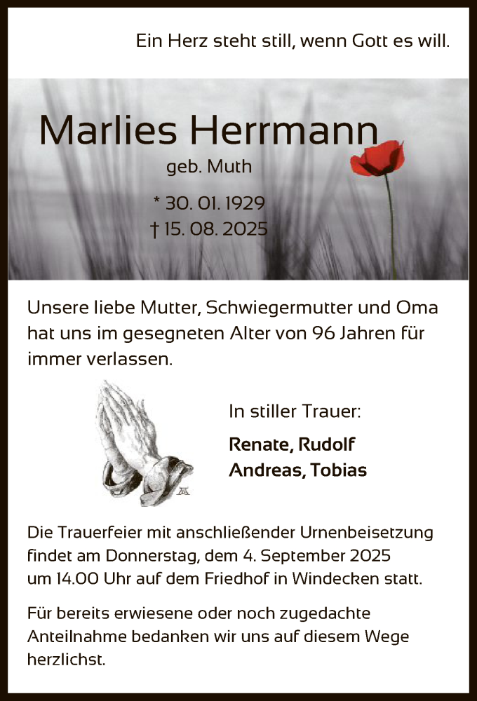  Traueranzeige für Marlies Herrmann vom 30.08.2025 aus OFHA