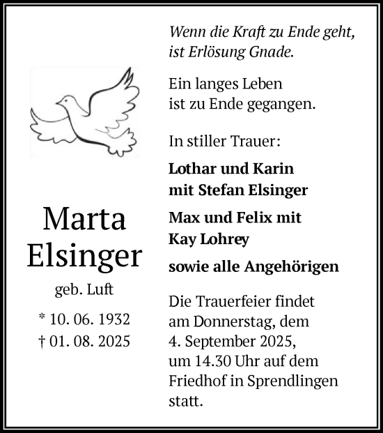 Traueranzeige von Marta Elsinger von OF0W