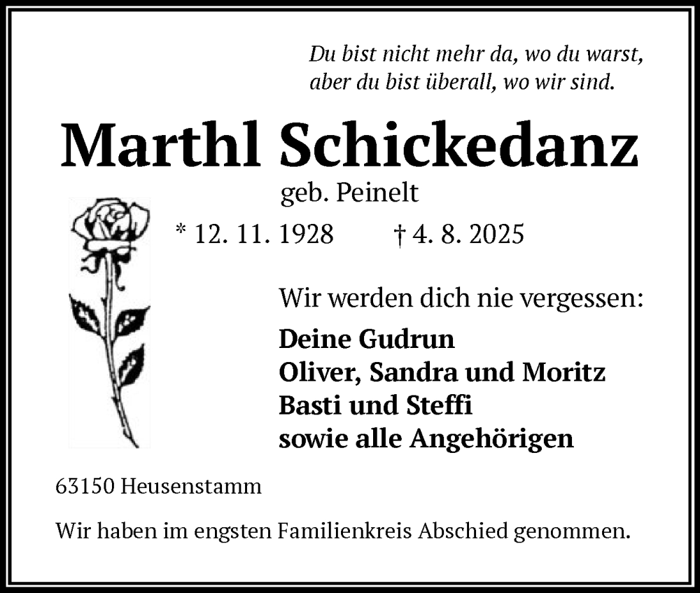  Traueranzeige für Martha Schickedanz vom 16.08.2025 aus OFOP
