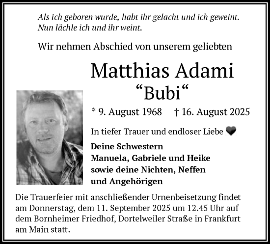 Traueranzeige von Matthias Adami von BOWO