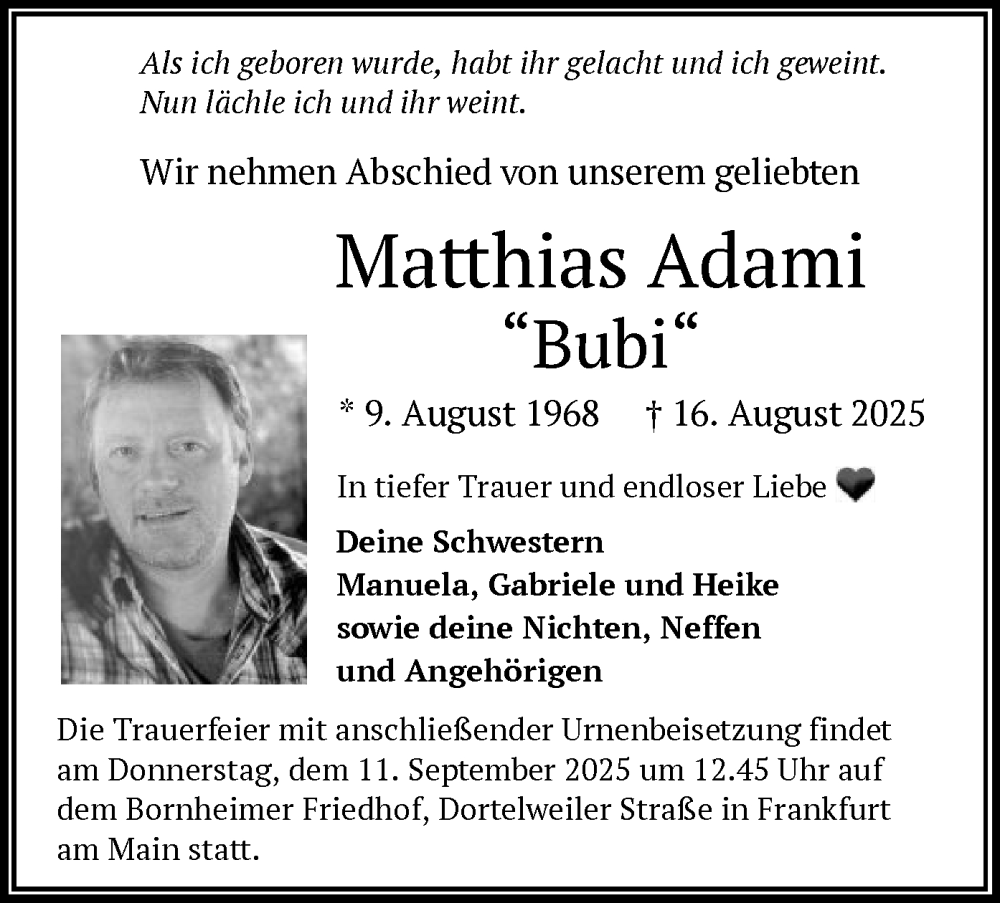  Traueranzeige für Matthias Adami vom 30.08.2025 aus BOWO