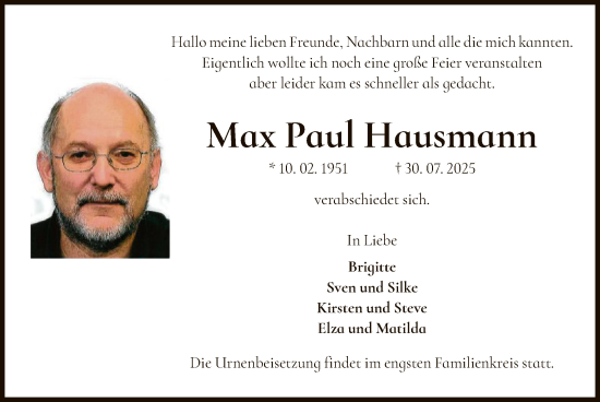 Traueranzeige von Max Paul Hausmann von OFOP
