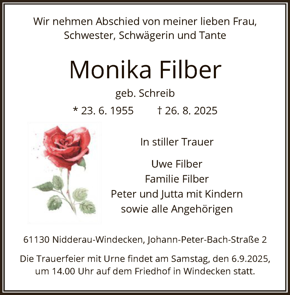  Traueranzeige für Monika Filber vom 30.08.2025 aus OFHA