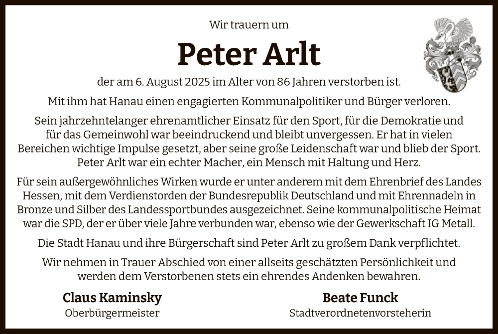  Traueranzeige für Peter Arlt vom 16.08.2025 aus OFHA