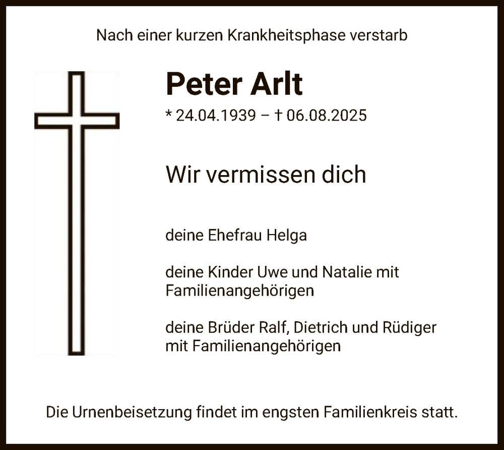  Traueranzeige für Peter Arlt vom 16.08.2025 aus OFHA