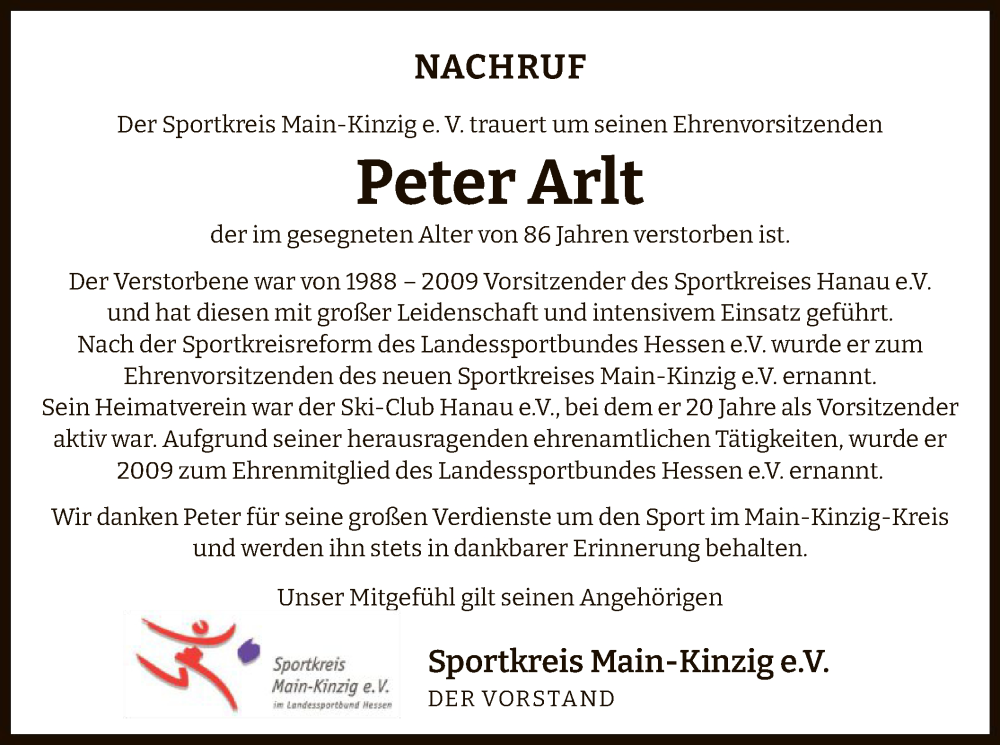  Traueranzeige für Peter Arlt vom 23.08.2025 aus OFHA