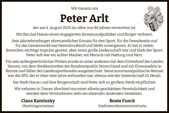 Traueranzeige von Peter Arlt von OFHA