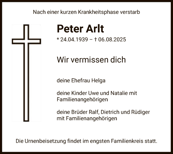 Traueranzeige von Peter Arlt von OFHA