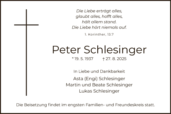Traueranzeige von Peter Schlesinger von OFOP