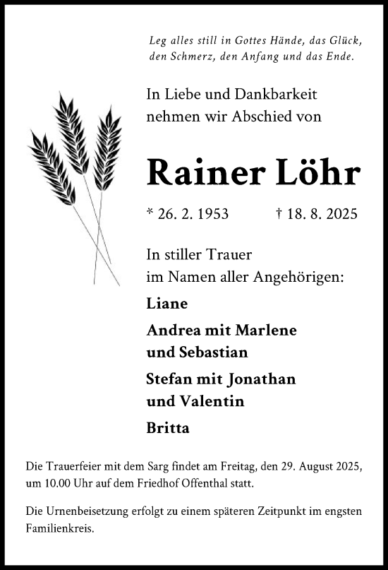 Traueranzeige von Rainer Löhr von OFOP