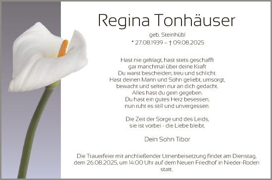 Traueranzeige von Regina Tonhäuser von OF0L