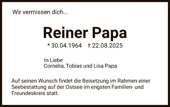 Traueranzeige von Reiner Papa von HUW