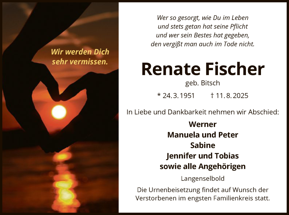  Traueranzeige für Renate Fischer vom 30.08.2025 aus OFHA