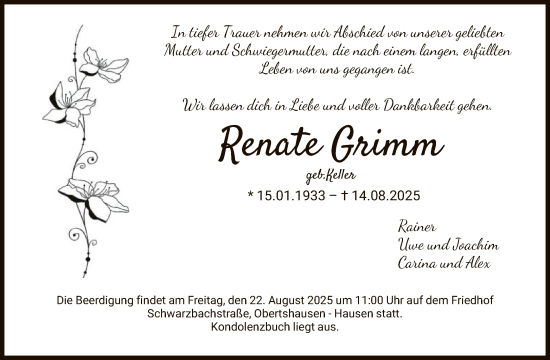 Traueranzeige von Renate Grimm von OFOP