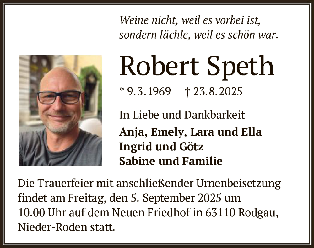  Traueranzeige für Robert Speth vom 30.08.2025 aus OFOP
