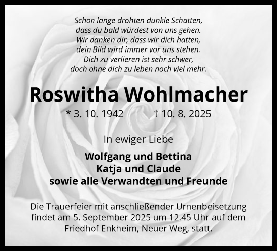 Traueranzeige von Roswitha Wohlmacher von BOWO