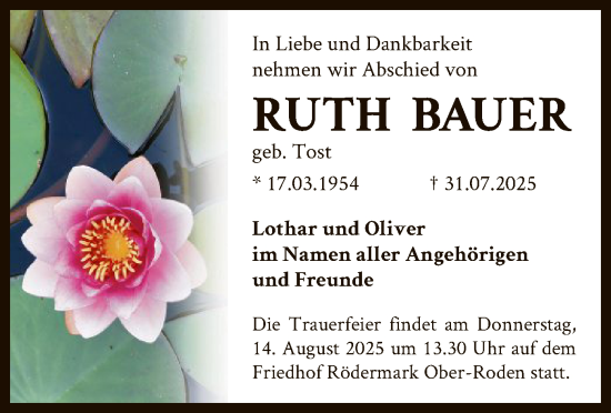 Traueranzeige von Ruth Bauer von OF0L